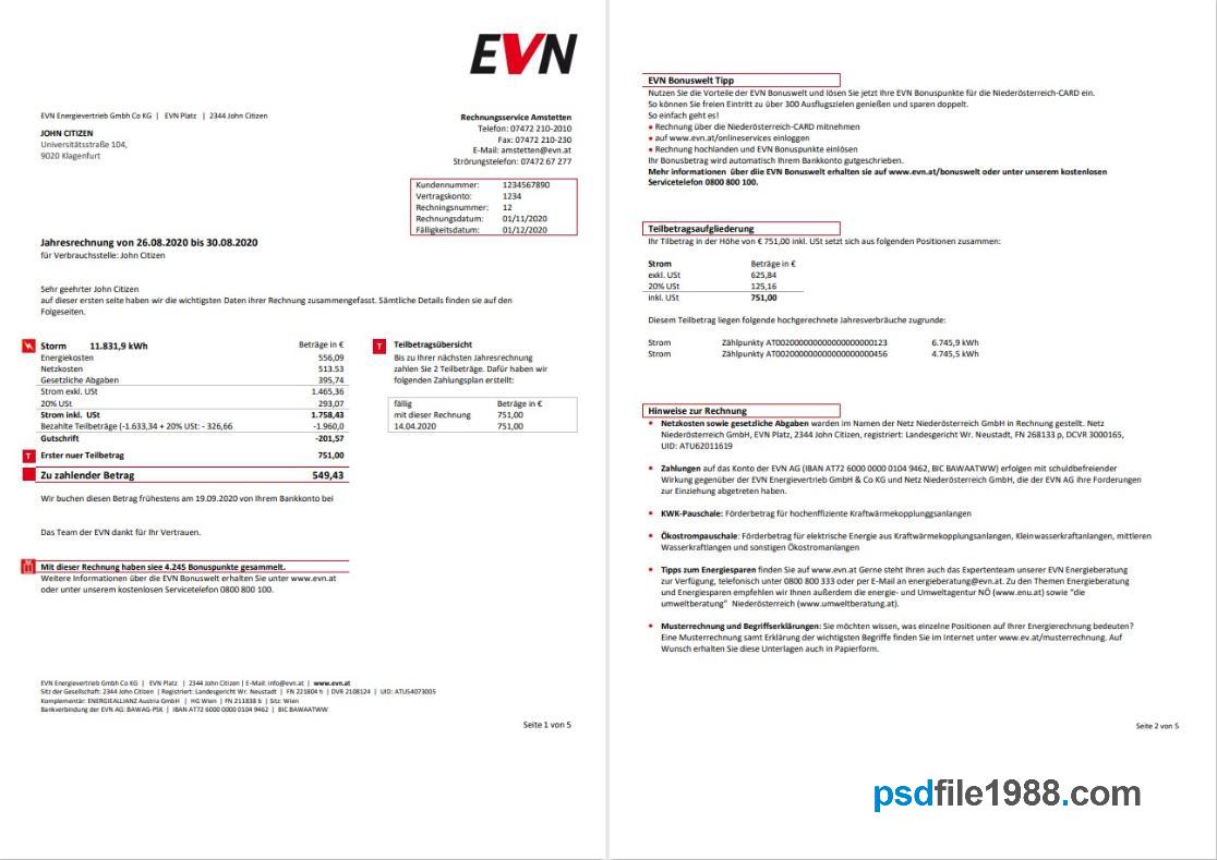 Austria EVN Electricity Utility Bill 5 Pages 1-2